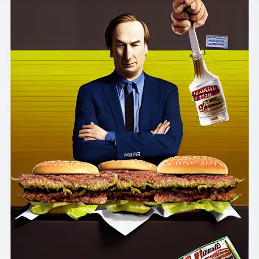 Prompt: portrait of Bob Odenkirk as Saul Goodman eating hamburgers, advertising billboard, extra onions and ketchup, luscious patty with sesame seeds, ethereal, holy sacred light rays, handsome, D&D, fantasy, intricate, elegant, highly detailed, digital painting, artstation, concept art, matte, sharp focus, illustration, art by Artgerm and Greg Rutkowski and Alphonse Mucha