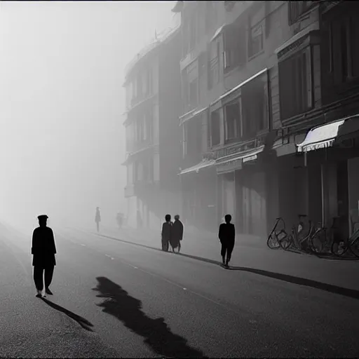 Image similar to people going to their office walking on wide side road,modern san francisco,misty morning with long shadows,fan ho photography