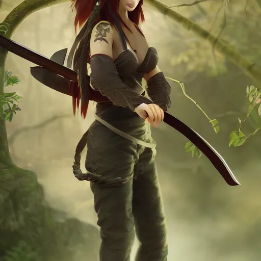 Image similar to beautiful girl in dark forest with a katana sword, character concept style trending on artstation, detailed face, concept art, detailed, octane render cinematic, photo-realistic, 8k, high detailed