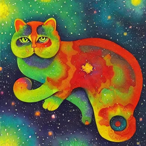 Prompt: a green cat surrounded by galaxies, watercolor by Louis William Wain,