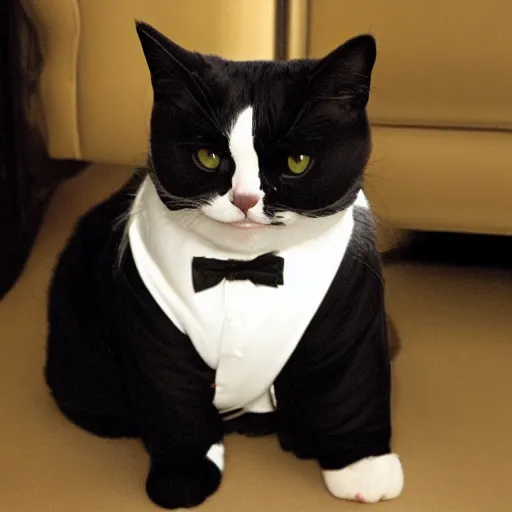 Image similar to a very fat and judgmental cat wearing a full tuxedo sitting in a dimly lit parlor lounge