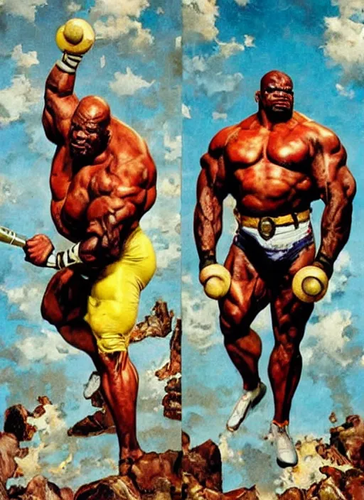 Image similar to full body and head portrait of huge mutant ronnie coleman as marvel's juggernaut, dynamic action, painted by norman rockwell and phil hale and greg staples and tom lovell and frank schoonover and jack kirby