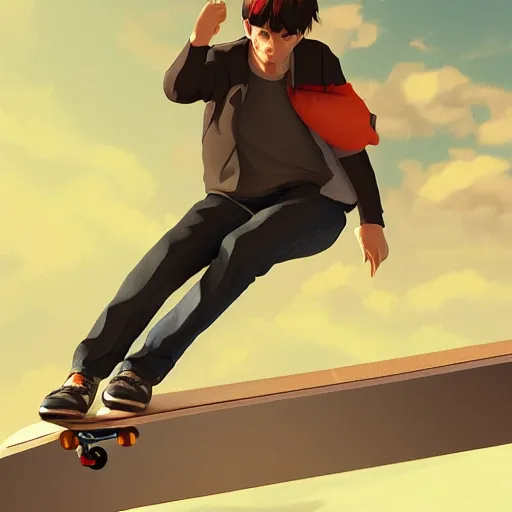 a young anime boy riding a skateboard in the sky,, Stable Diffusion