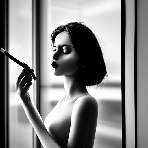 Image similar to black and white fashion photography of highly detailed beautiful depressed Woman with beautiful face, beautiful eyes and beautiful lips in the heroine chique style standing by the window and smoking a cigarette with beautiful hand Rendered in Blender and Octane Render volumetric natural light