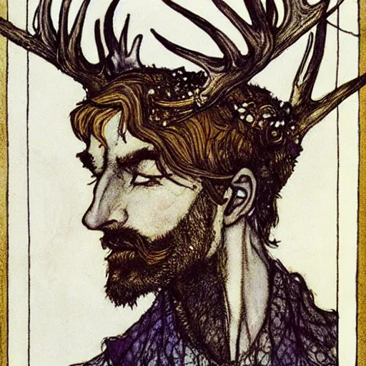 Prompt: A handsome King of the Fae with blond hair and beard and antlers coming out of his head wearing an exquisite suit, color illustration by Arthur Rackham
