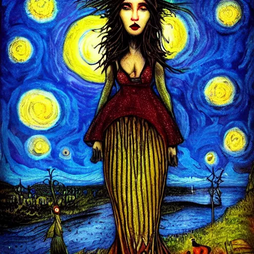 Prompt: decorative by alexander jansson, by keith mallett. a beautiful performance art of a woman with long flowing hair, wild animals, & a dark, starry night sky.