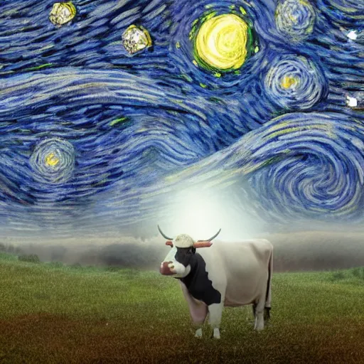 Prompt: a detailed matte painting of a cow wearing a witch hat, viewed in profile, glowing moths and fog in the background, starry night, black and blue color scheme with gold highlights, in the style of discworld and harry potter, 8 k, octane render