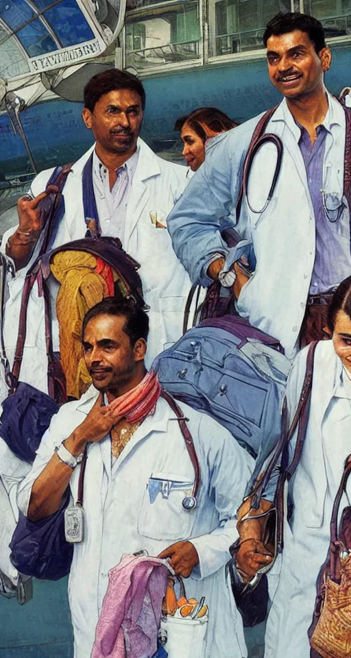 Image similar to close up of three Indian doctors in scrubs disembarking at Heathrow, sun shining, photo realistic illustration by greg rutkowski, thomas kindkade, alphonse mucha, loish, norman rockwell.