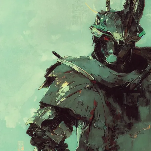 Image similar to lone samurai in cyan armor, art by yoshikita amano, ruan jia, yoji shinkawa, trending on artstation, very very detailed, beautiful, amazing quality, breathtaking artwork