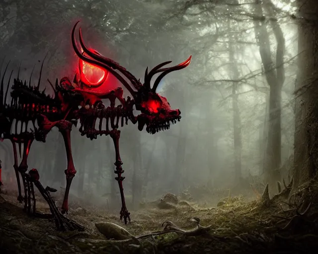 Prompt: 5 5 mm portrait photo of an armored demonic rat skeleton with horns and red eyes, in a magical forest. magical atmosphere. art by greg rutkowski. highly detailed 8 k. intricate. lifelike. soft light. nikon d 8 5 0.