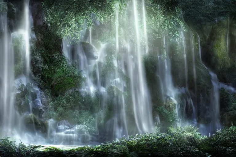 Image similar to An enchanted fantasy waterfall. Cinematic lighting. Photorealism.