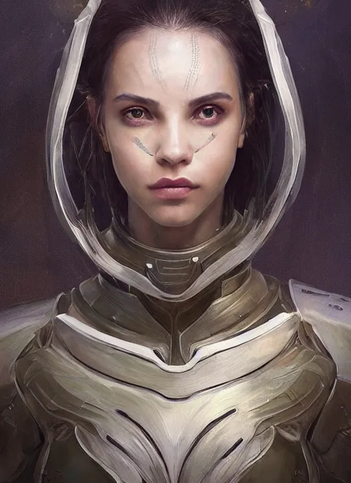 Image similar to a professional painting of a beautiful young female alien, clothed in ethereal armor, olive skin, long dark hair, beautiful bone structure, symmetrical facial features, intricate, elegant, digital painting, concept art, smooth, sharp focus, illustration, from Valerian and the City of a Thousand Planets, by Ruan Jia and Mandy Jurgens and Artgerm and William-Adolphe Bouguerea