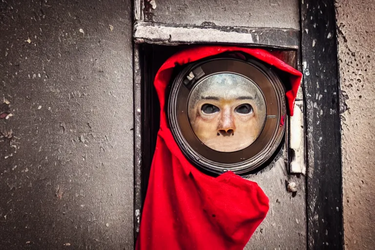 Image similar to a man in a metal mask with red cloak in full armor staring at you through a door peephole. fisheye lense