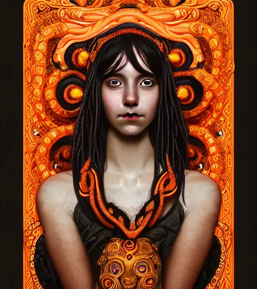 Image similar to portrait of teenage medusa, bald, naughty smile, wearing an embroidered orange tunic, wearing headdress made of black snakes, intricate, elegant, copper and emerald jewelry, glowing lights, highly detailed, digital painting, artstation, concept art, smooth, sharp focus, illustration, art by wlop, mucha, artgerm, and greg rutkowski