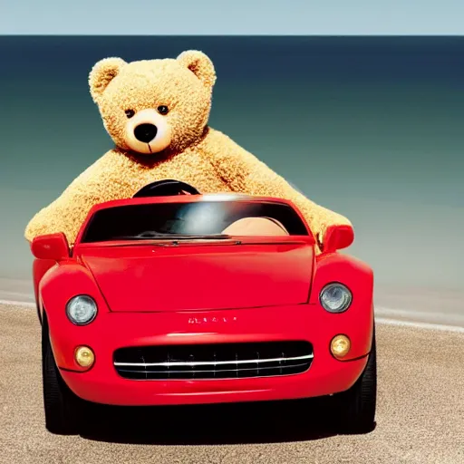 Image similar to Photo of Teddy bear driving a a red convertible sports car by the seaside, dynamic lighting, photo taken by Martin Schoeller for Abercrombie and Fitch, award-winning photo, 35mm f/1.4