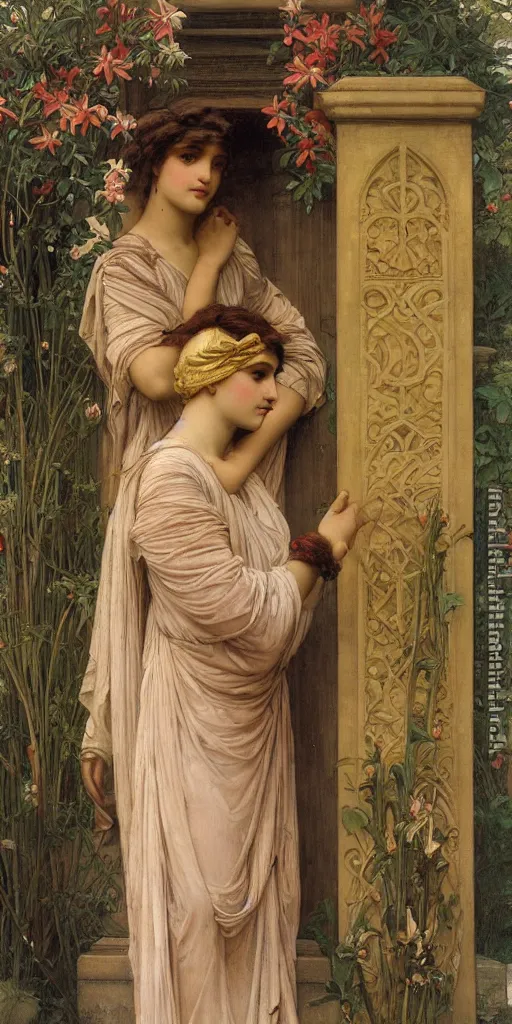 Image similar to at the gate of the temple by john william godward painted by alphonse mucha