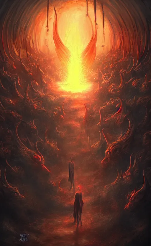 Image similar to Meeting God in Hell, digital art, trending on art station