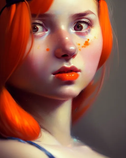 Image similar to young woman with orange pigtails, beautiful girl, close up portrait, bright, highkey, realistic, serov, surikov, vasnetsov, repin, kramskoi, uplight, insanely detailed, charlie bowater, tom bagshaw, octane rendered, unreal engine, illustration, trending on artstation, masterpiece