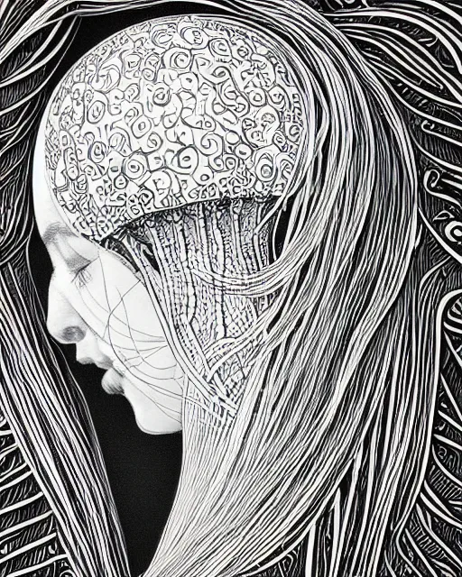 Prompt: mythical dreamy black and white organic bio - mechanical spinal ribbed profile face portrait detail of beautiful intricate monochrome angelic - human - queen - vegetal - cyborg, highly detailed, intricate translucent jellyfish ornate, poetic, translucent microchip ornate, artistic lithography