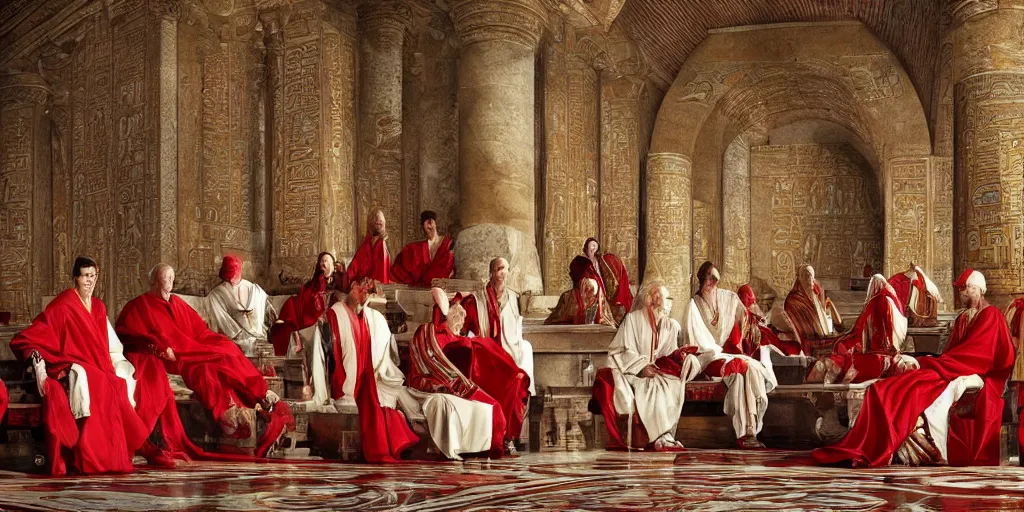 Image similar to ancient senators in red and white robes sit in tribunes, egyptian teal mosaic background, highly detailed, beautiful cinematic light deep focus, elegant, digital painting, smooth, sharp focus, golden ratio, dramatic illumination, art by aleksi briclot, rutkowski and caravaggio