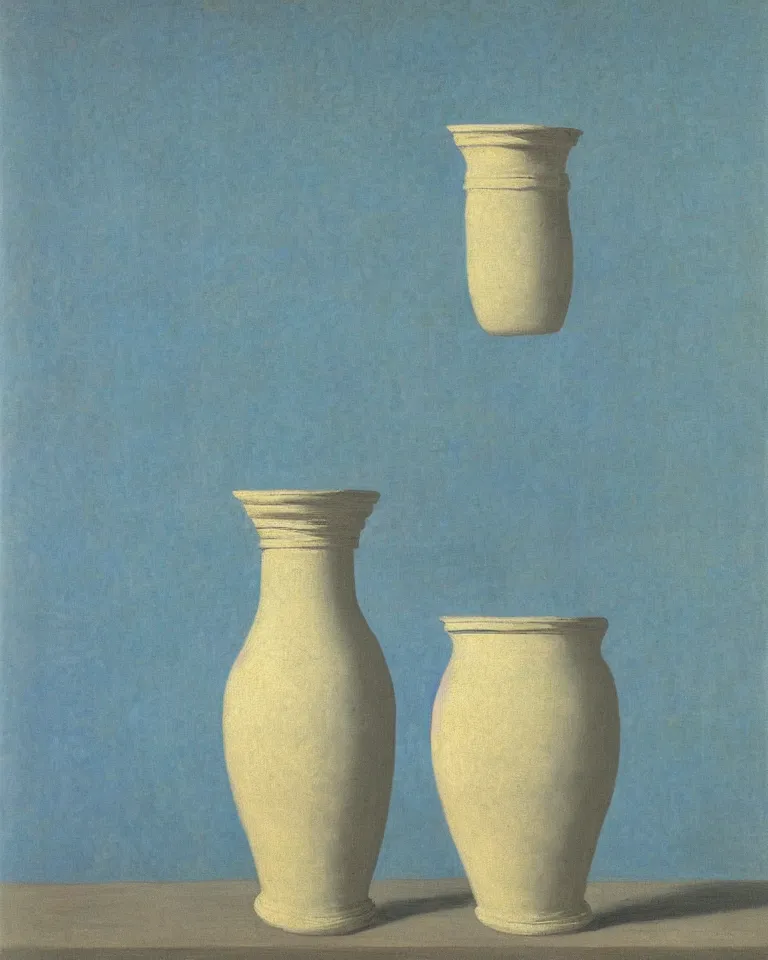 Prompt: achingly beautiful print of solitary painted ancient greek amphora on baby blue background by rene magritte, monet, and turner.