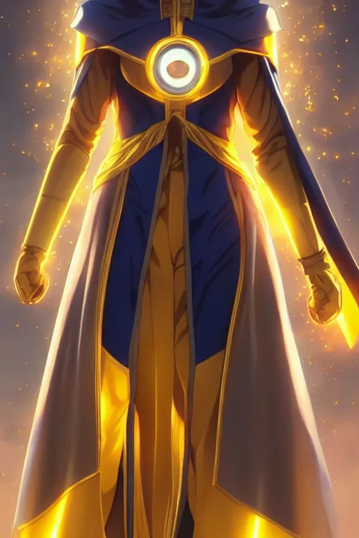 Image similar to anime key visual of a beautiful young female doctor fate!! intricate, gold and blue suit, cape, glowing, powers, dc comics, cinematic, stunning, highly detailed, digital painting, artstation, smooth, hard focus, illustration, art by artgerm and greg rutkowski and alphonse mucha