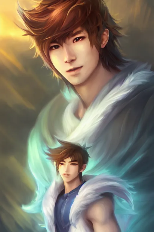 Prompt: fullbody portrait of a male fit hero with strange hairs, soft smile, final fantasy, league of legends champion, strong iridescent light, by chengwei pan and sakimichan, gradient white to gold, in front of a magical building background, highly detailed portrait, digital painting, smooth, focus illustration