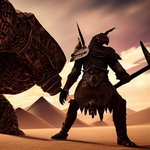 Prompt: great warrior with edgy armor facing a giant monster in black desert sands. Hyper realistic. High intricate details. Photo realistic. Hyper details.
