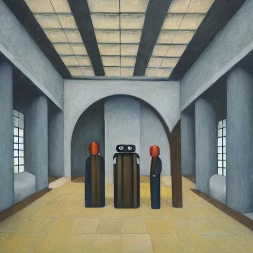 Image similar to three brutalist robot judges in a vaulted court, grant wood, pj crook, edward hopper, oil on canvas