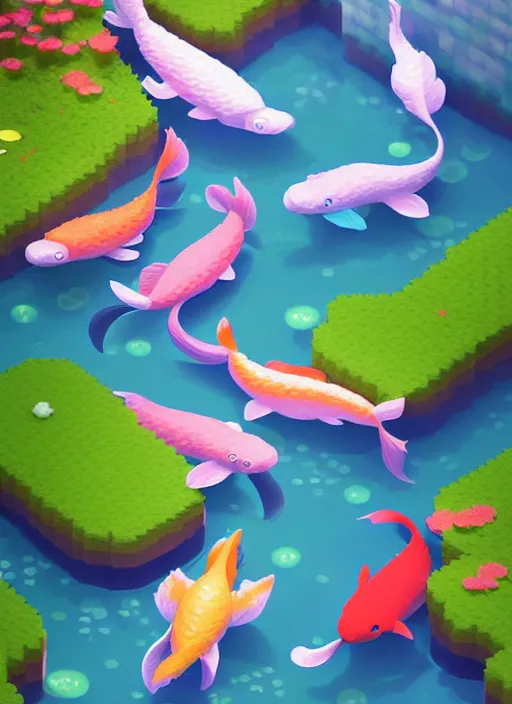 Prompt: sparkling pastel cute voxel art of a koi pond, behance, artstation, cute, Japanese, 3d render, unity, beautiful lighting, extremely beautiful, very beautiful award winning art Huang Guangjian and Gil Elvgren and Sachin Teng , Greg Manchess