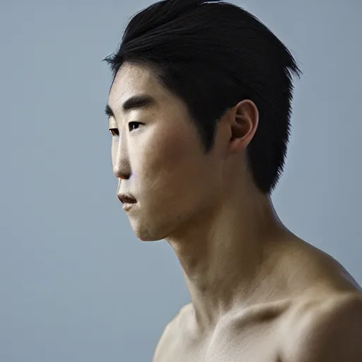 Image similar to a portrait of a athletic beautiful japanese male god, photographed by andrew thomas huang