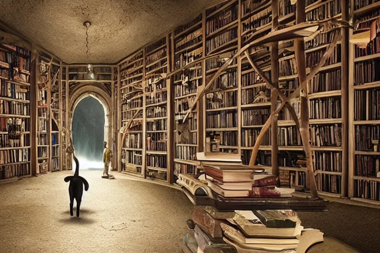 Prompt: fantasy VFX movie of a grey cat walking through a wizards magic underground library study lair, natural lighting by Emmanuel Lubezki