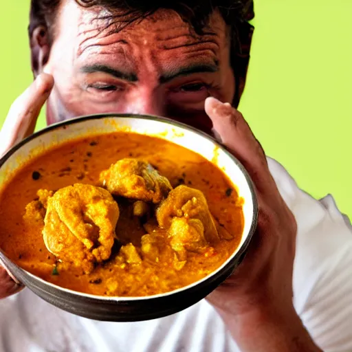 Image similar to photo of a man with three eyes ecstatically eating a bowl of indian frog curry. third eye forehead weeping with joy, hands raised