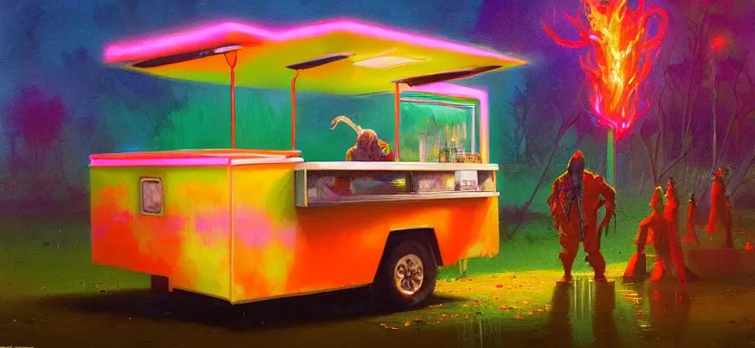 Image similar to beautiful masterpiece painting of a food truck taco vendor in a future radioactive glowing swamp, halo vehicle, grunge cyberpunk, by Remedios Varo and Anato Finnstark and Greg Rutkowski, dayglo pink, dayglo blue, by Craig Mullins, ilya kuvshinov, krenz cushart, artgerm, 8k, trending on ArtStation