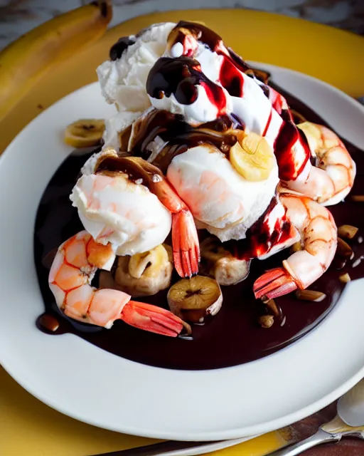 Image similar to dslr food photograph of an ice cream banana split with shrimps on top. chocolate sauce, shrimp, banana. 8 5 mm f 1. 4