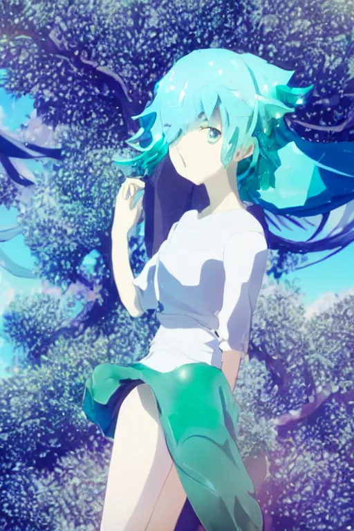 Prompt: 3D CG anime Land of the Lustrous Houseki no Kuni character Phosphophyllite person made of gem rock standing in a grassy field on a sunny day, 3D render, 8k, key visual