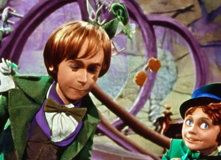 Prompt: film still of Peter Pan in Willy Wonka's and the Chocolate Factory 1971