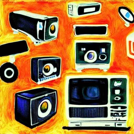 Image similar to furry, array of crt televisions, tv static, antenna, stacked, polaroid, steroids, adult video store, impressionist painting, painting, acrylic painting, cell shaded