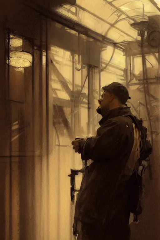 Image similar to portrait sketch of a train engineer by jeremy mann and alphonse mucha, fantasy art, realistic drawing, dynamic lighting, artstation, poster, volumetric lighting, very detailed faces, 4 k, award winning