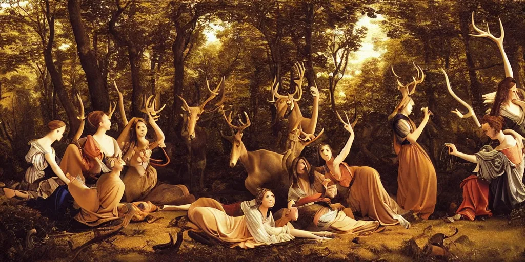 Image similar to beautiful oil matte portrait painting, women with antlers gathering in an ominous forest, wonderful masterpiece highly detailed, beautiful cinematic light deep focus, elegant, digital painting, smooth, sharp focus, golden ratio, dramatic illumination, ultra realistic, 8 k, art by artemisia lomi gentileschi and caravaggio