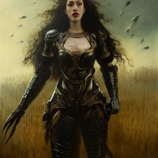 Image similar to kat dennings wearing black armour by gaston bussiere, bayard wu, greg rutkowski, giger, maxim verehin, greg rutkowski, masterpiece, sharp focus, cinematic lightning