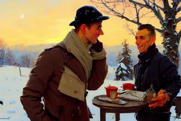 Image similar to attractive man chatting, winter, sunset, painting by vladimir volegov, norman rockwell, tom of finland, trending on artstation