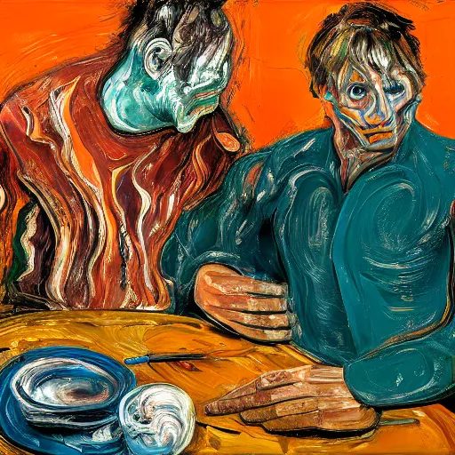 Image similar to high quality high detail expressionist painting of a man in agony by lucian freud and jenny saville edvard munch and francis bacon, hd, anxiety, seated at table, turquoise and orange