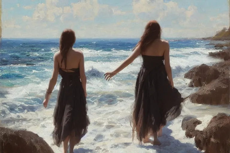 Prompt: 2 women walking in the sea, long hair, wearing classical dresses with bare shoulders, back view, sunny day, erik van elven, jeremy lipking