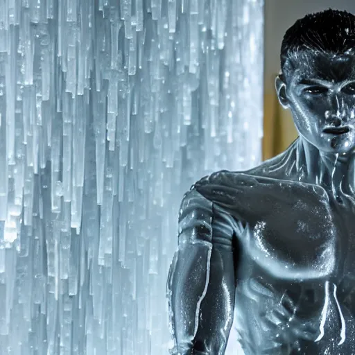 Image similar to made of ice, a realistic detailed photo of a guy who is an attractive humanoid who is half robot and half humanoid, who is a male android, on display, blank stare, showing off his muscles, shiny skin, posing like a statue, by the pool, frozen ice statue, f 1 driver max verstappen, humanoid robot