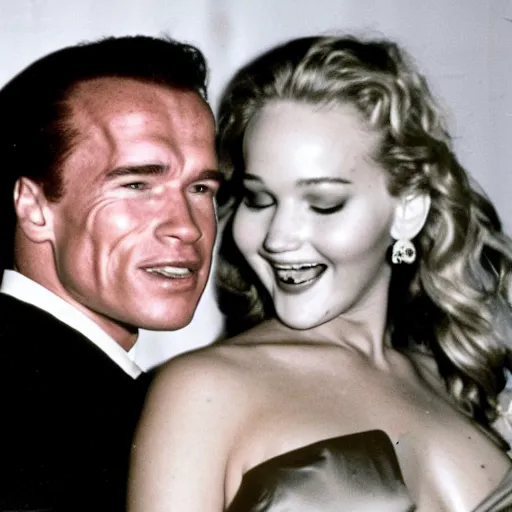 Image similar to photo of young arnold schwarzenegger close and wild dancing with jennifer lawrence beautiful short dress in a 9 0 s romantic comedy