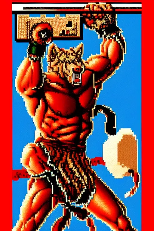 Image similar to 8 bit nes graphics. antropomorphic muscular masculine wolf. kickboxer fighter, in shorts. wolf head. fine details, very sharp, art from nes game cartridge, marc simonetti and hermann nitsch