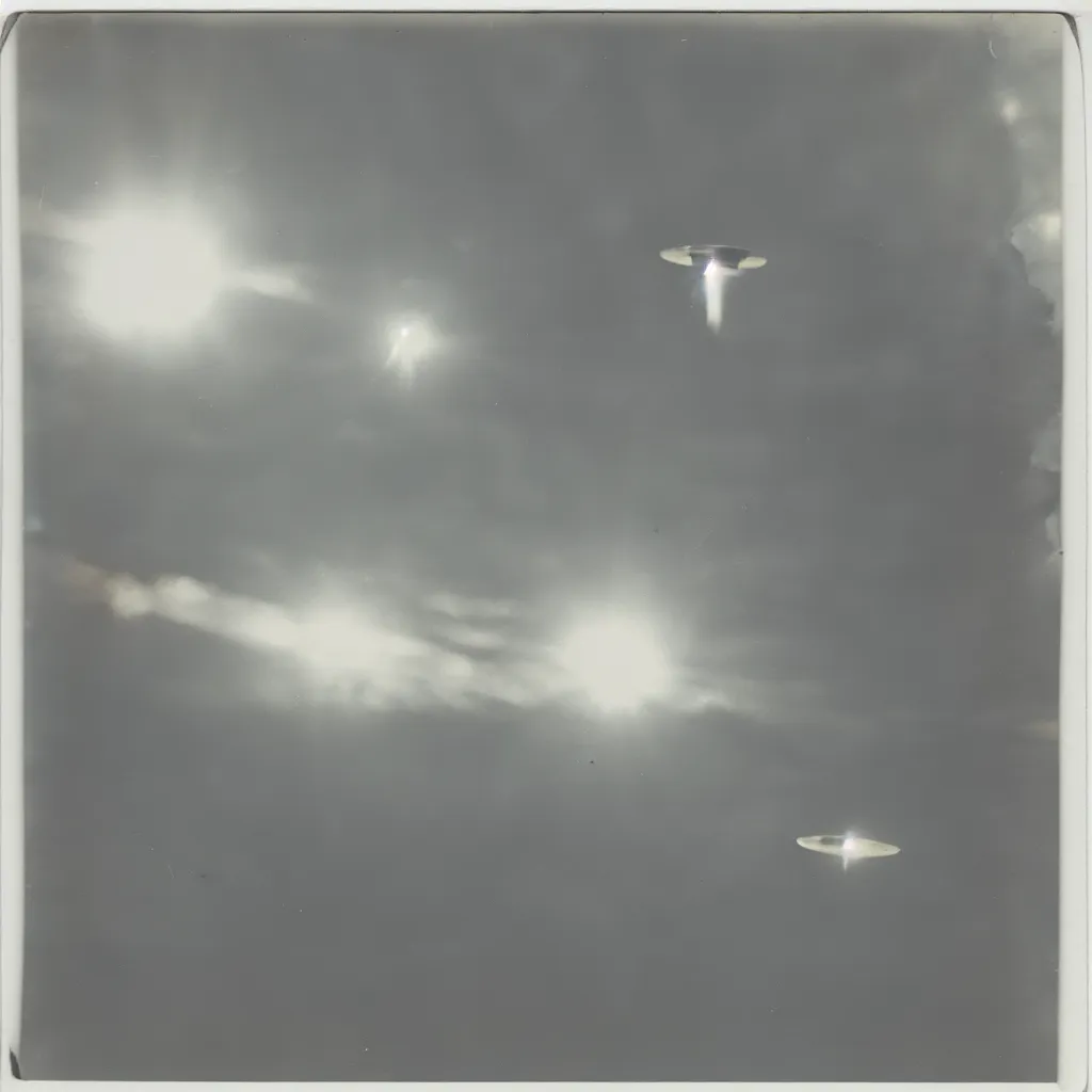 Prompt: old polaroid of an ufo flying above two persons during world war 2, award winning, pictorialism, black and white, daylight