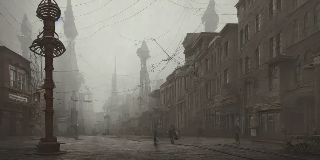 Prompt: A street-level view of a gloomy fantasy Victorian-era town, single-point perspective centered in a single tall foreboding radio tower with cast-iron walkways; cloudy weather, artstation, octane render, cgi, cgsociety, volumetric lighting, cinematic, colorful, ray traced, ambient occlusion, depth of field, fog,