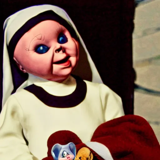 Prompt: a nun in church holding chucky the demonic evil killer doll on her lap